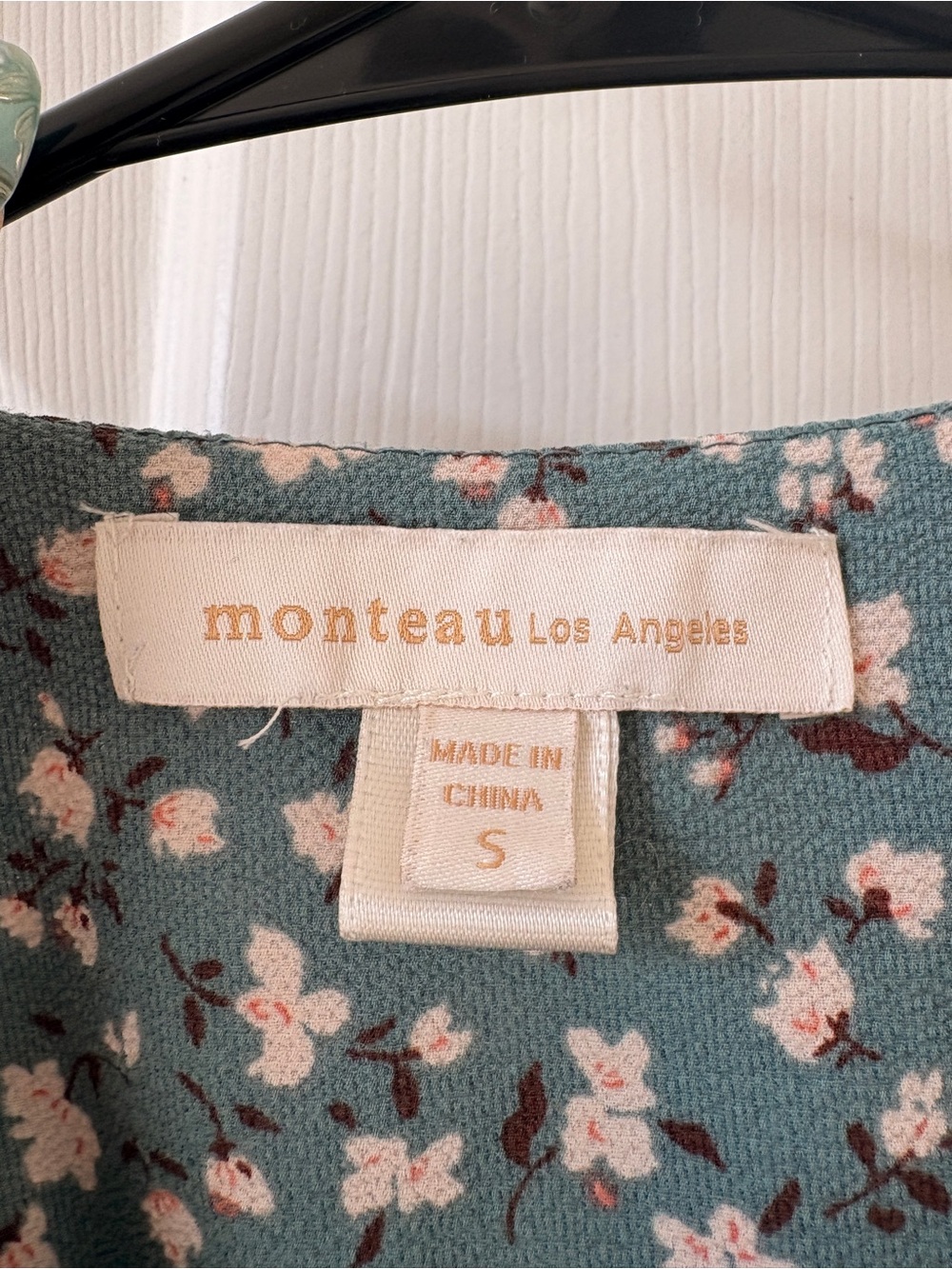Monteau Teal Floral Drawstring Front Blouse - Picture 2 of 3